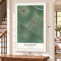 Beaumont, Mississippi map, 24 x 36 inch print in a white frame by a staircase