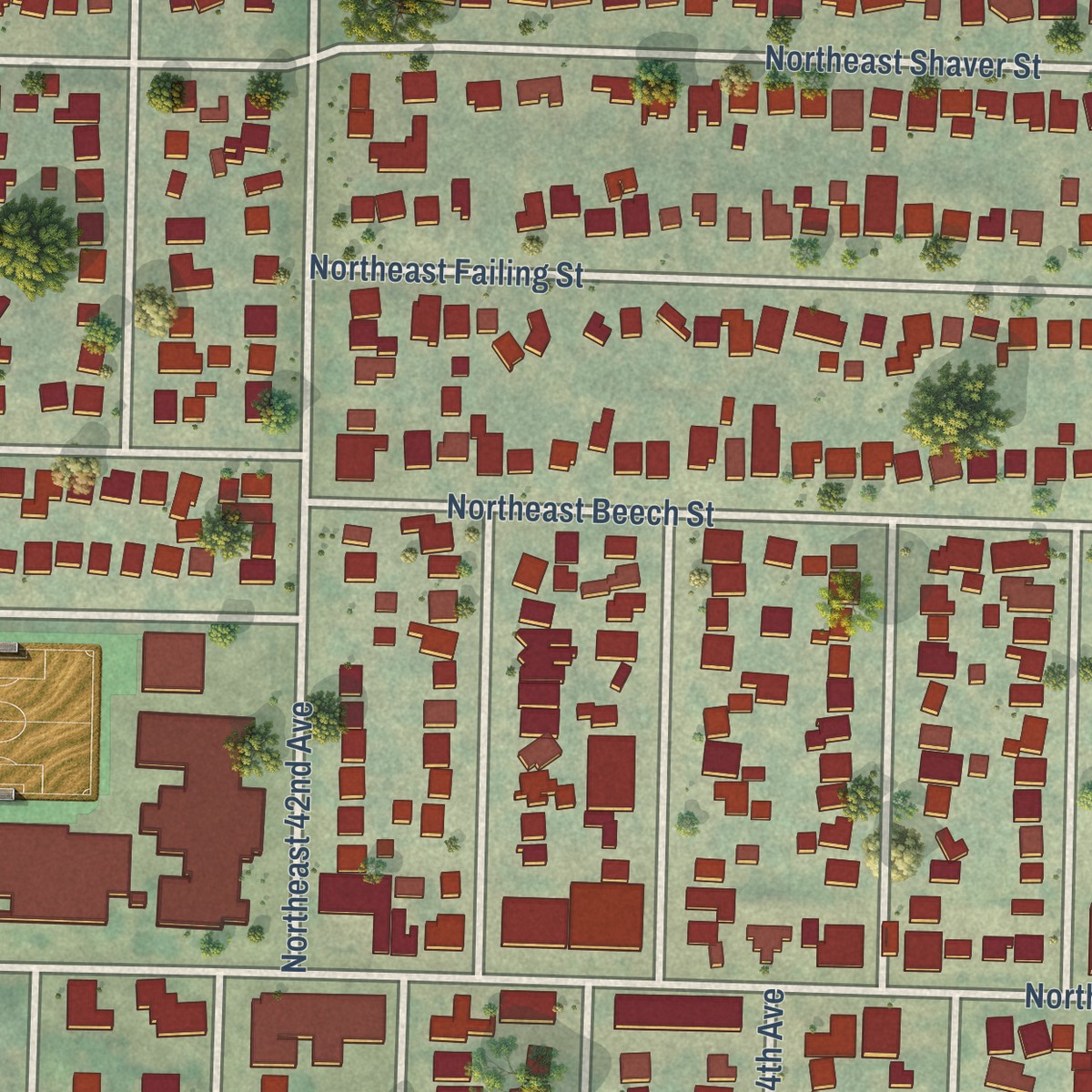 Second close-up of the map of Beaumont-Wilshire, Oregon print showing more streets and buildings