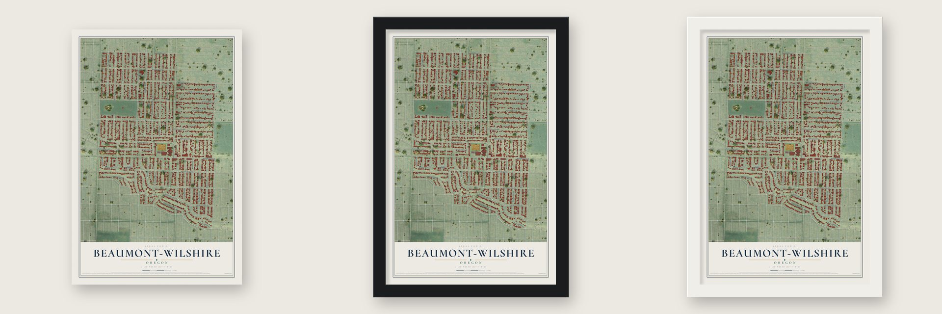 Beaumont-Wilshire, Oregon map unframed, in a black wood frame and in a white wood frame
