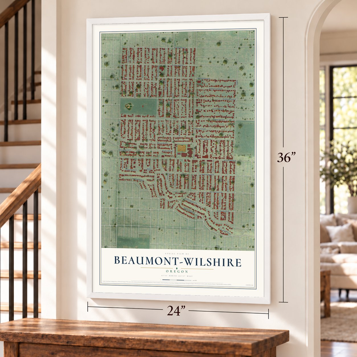 Beaumont-Wilshire, Oregon map, 24 x 36 inch print in a white frame by a staircase