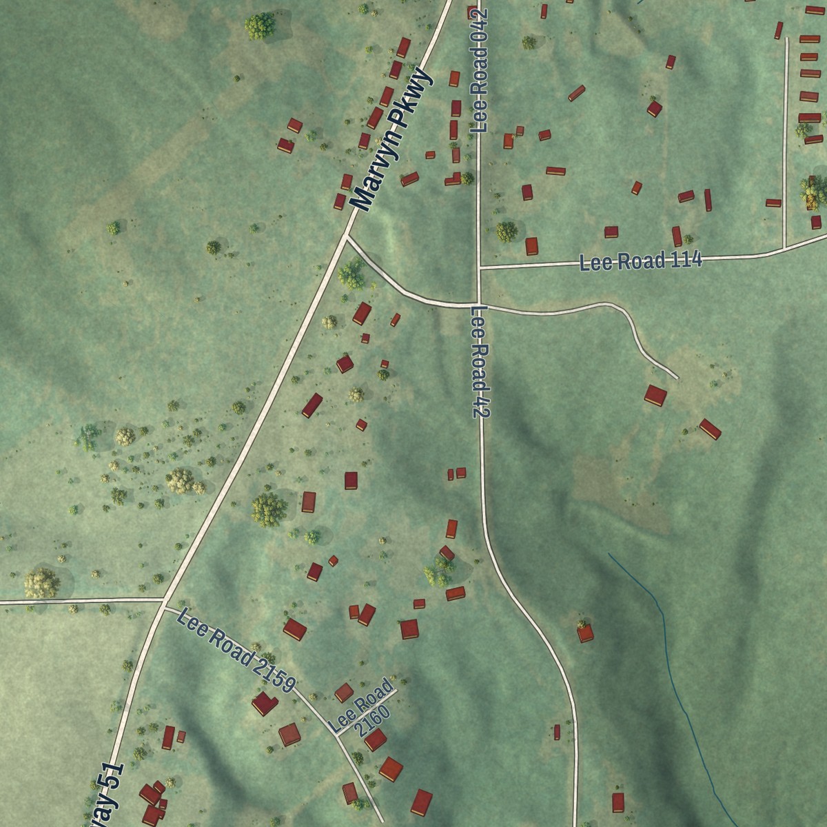 Second close-up of the map of Beauregard, Alabama print showing more streets and buildings