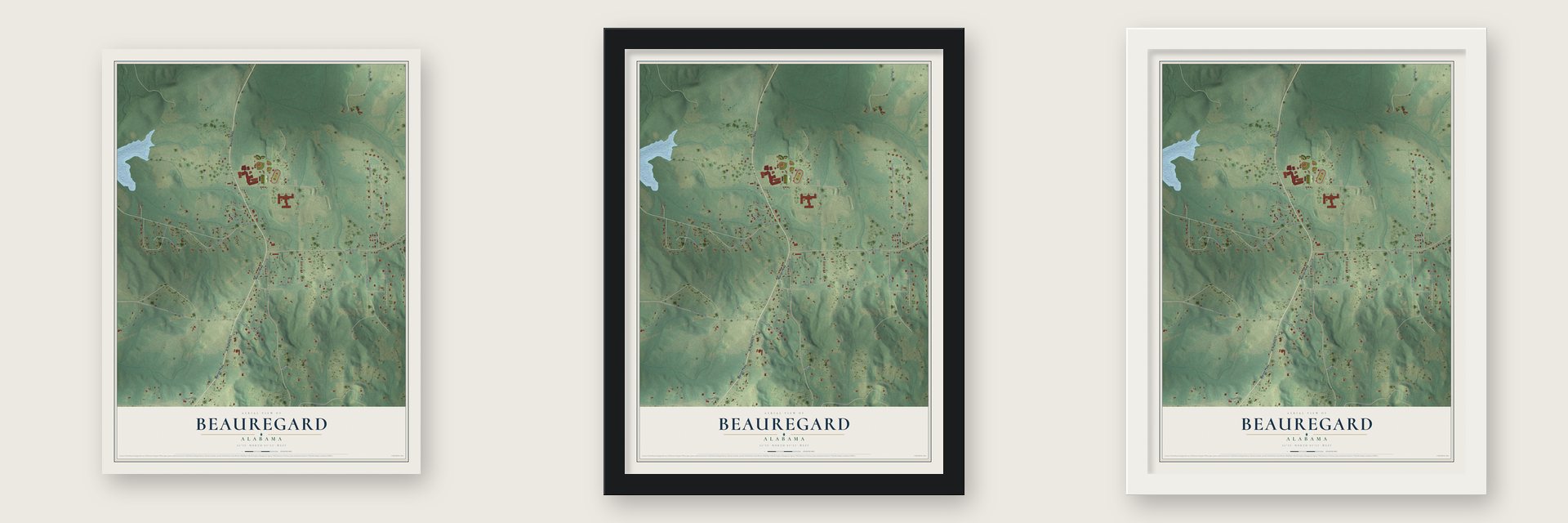 Beauregard, Alabama map unframed, in a black wood frame and in a white wood frame