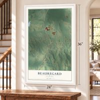 Beauregard, Alabama map, 24 x 36 inch print in a white frame by a staircase