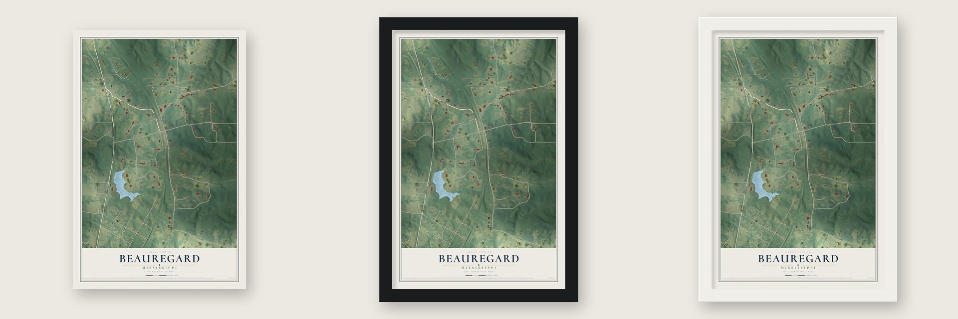 Beauregard, Mississippi map unframed, in a black wood frame and in a white wood frame