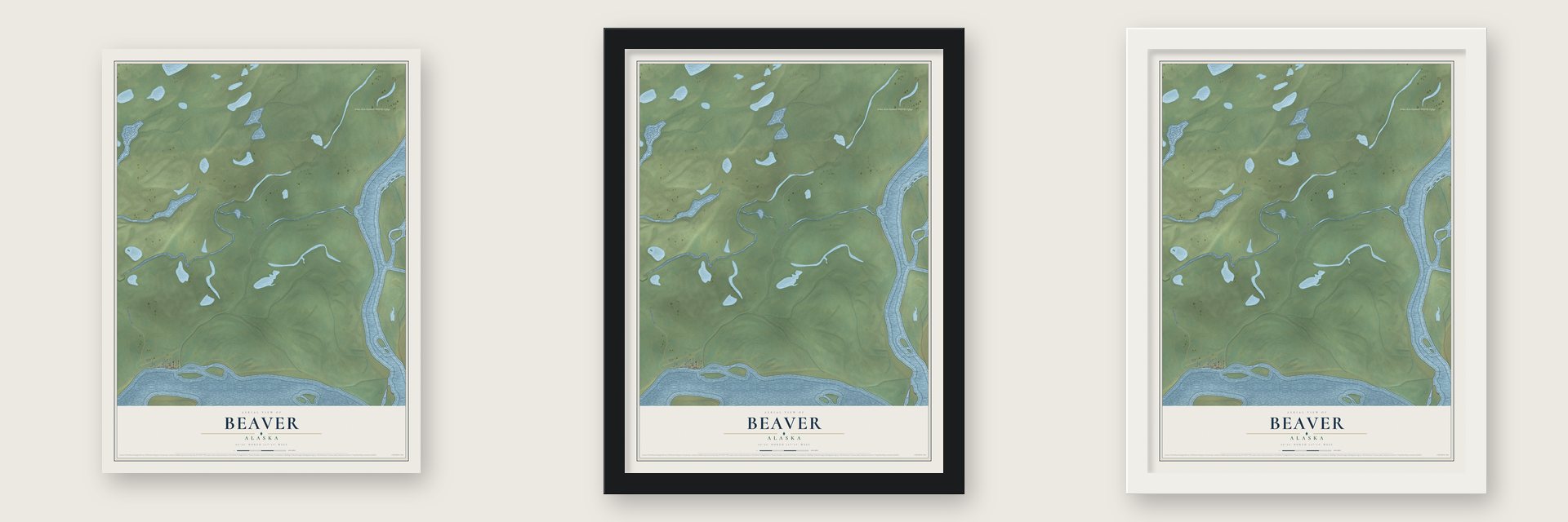 Beaver, Alaska map unframed, in a black wood frame and in a white wood frame