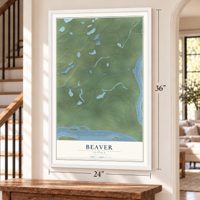 Beaver, Alaska map, 24 x 36 inch print in a white frame by a staircase