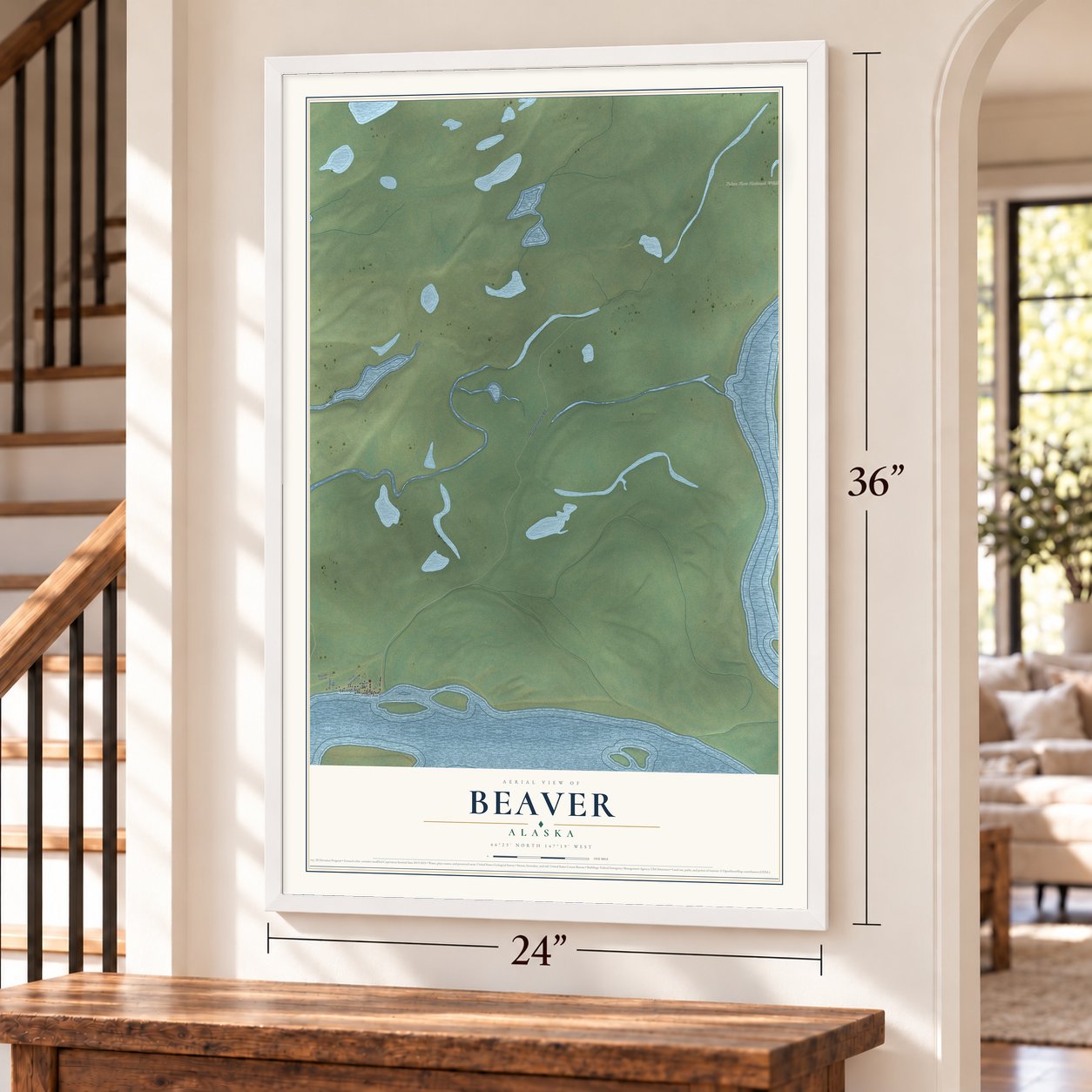 Beaver, Alaska map, 24 x 36 inch print in a white frame by a staircase