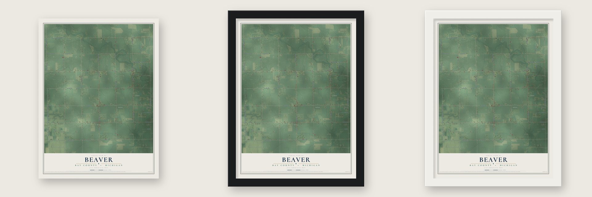 Beaver, Bay County, Michigan map unframed, in a black wood frame and in a white wood frame