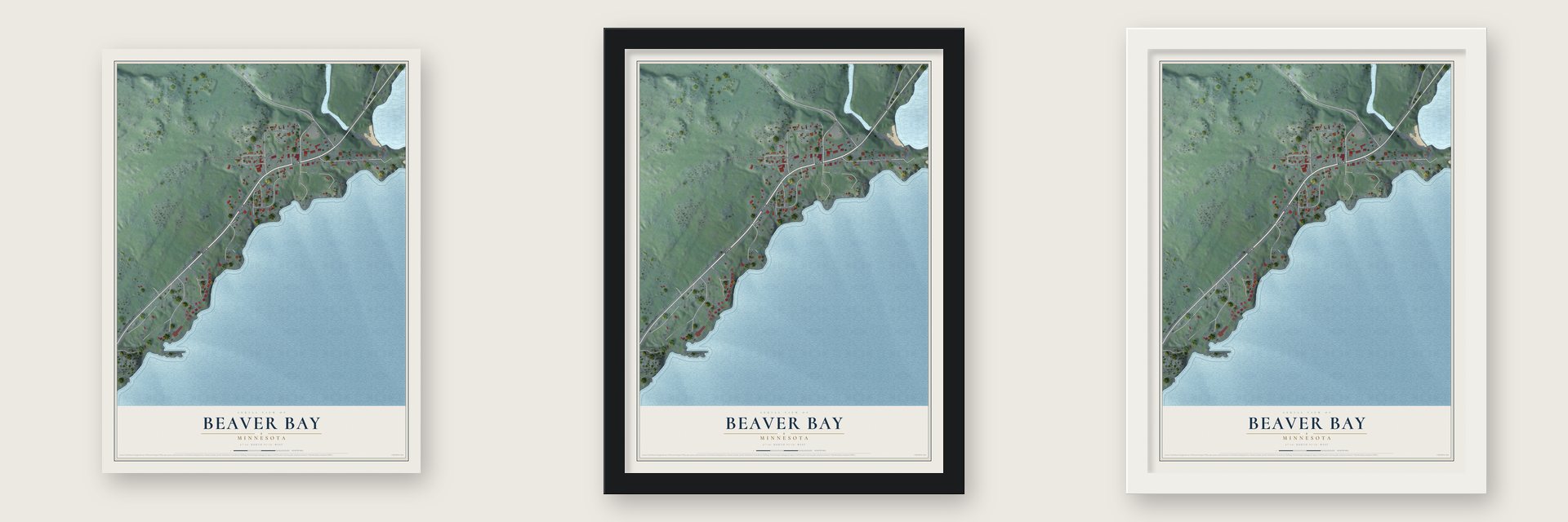 Beaver Bay, Minnesota map unframed, in a black wood frame and in a white wood frame