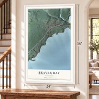 Beaver Bay, Minnesota map, 24 x 36 inch print in a white frame by a staircase
