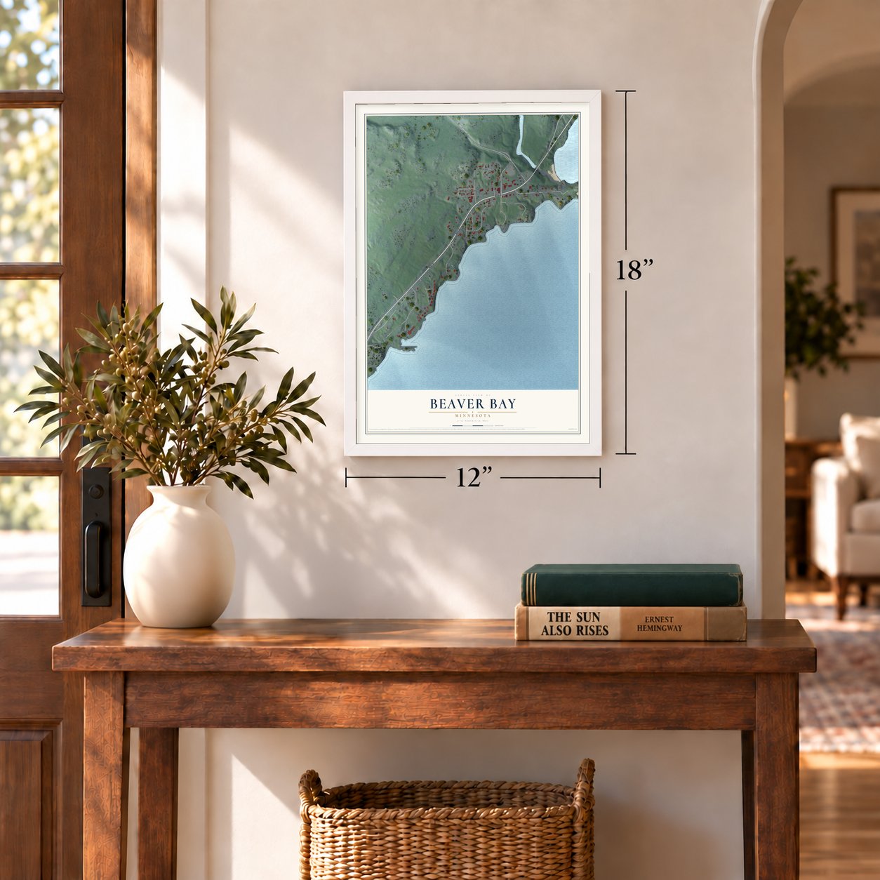 Beaver Bay, Minnesota map, 12 x 18 inch print in a white frame in an entryway
