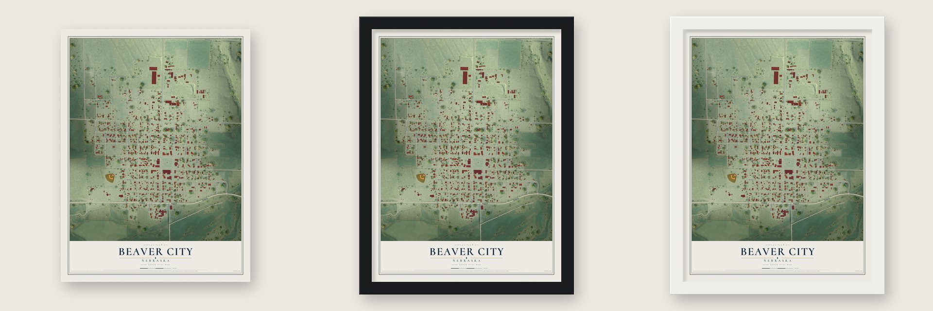 Beaver City, Nebraska map unframed, in a black wood frame and in a white wood frame