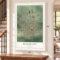 Beaver City, Nebraska map, 24 x 36 inch print in a white frame by a staircase