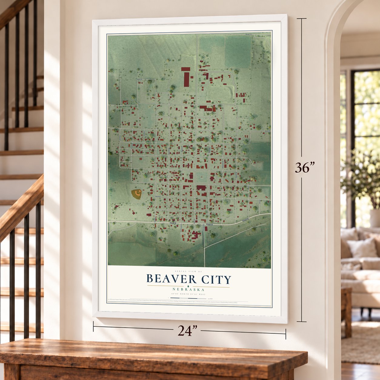 Beaver City, Nebraska map, 24 x 36 inch print in a white frame by a staircase