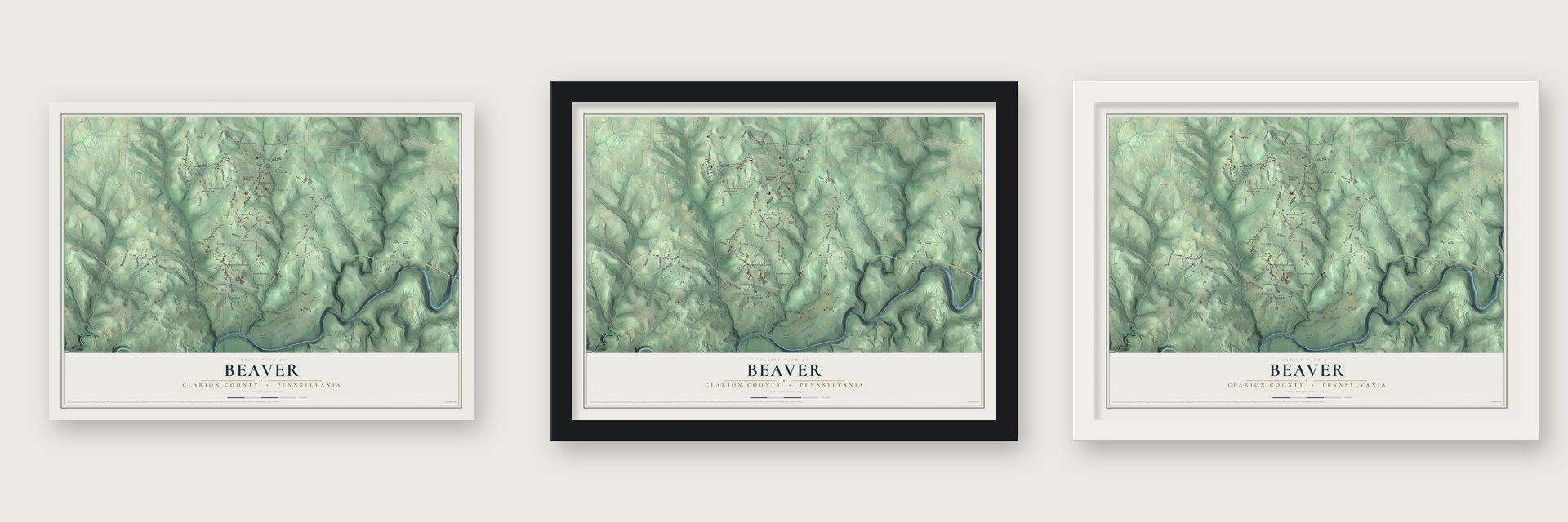 Beaver, Clarion County, Pennsylvania map unframed, in a black wood frame and in a white wood frame