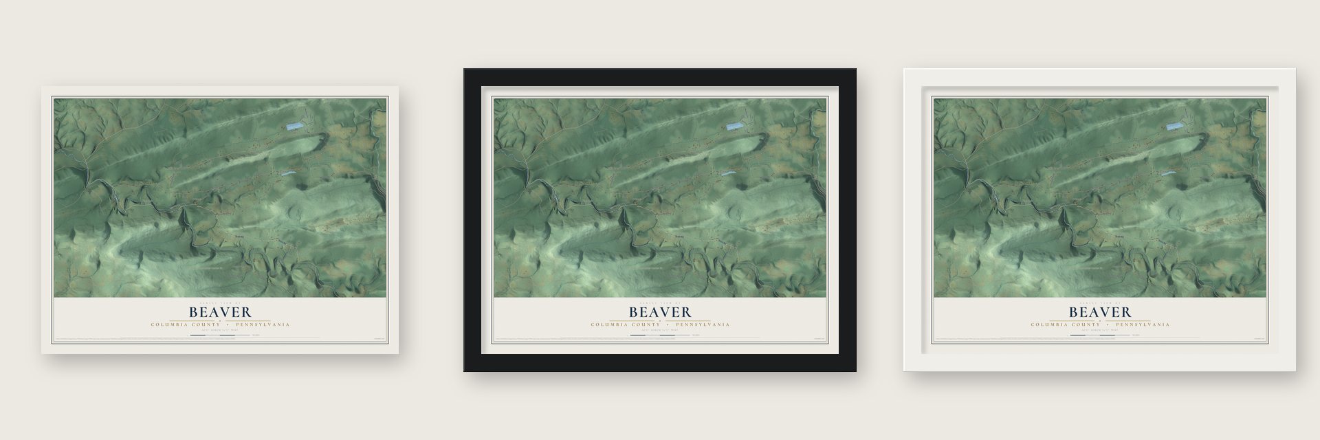 Beaver, Columbia County, Pennsylvania map unframed, in a black wood frame and in a white wood frame