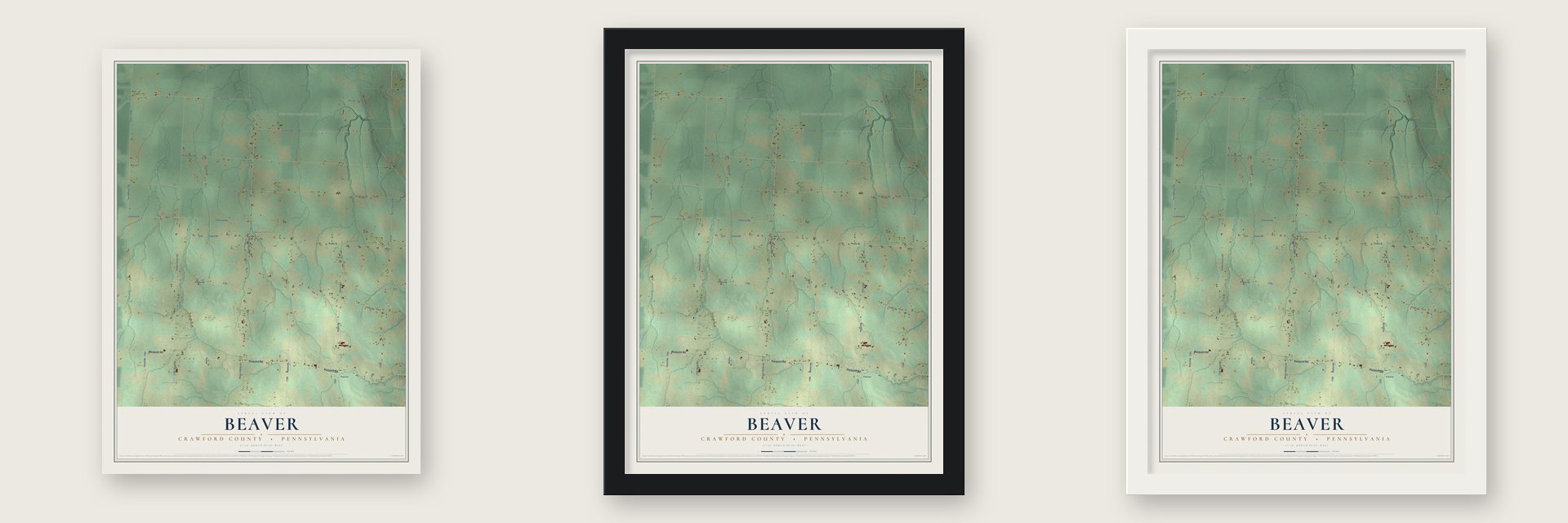 Beaver, Crawford County, Pennsylvania map unframed, in a black wood frame and in a white wood frame