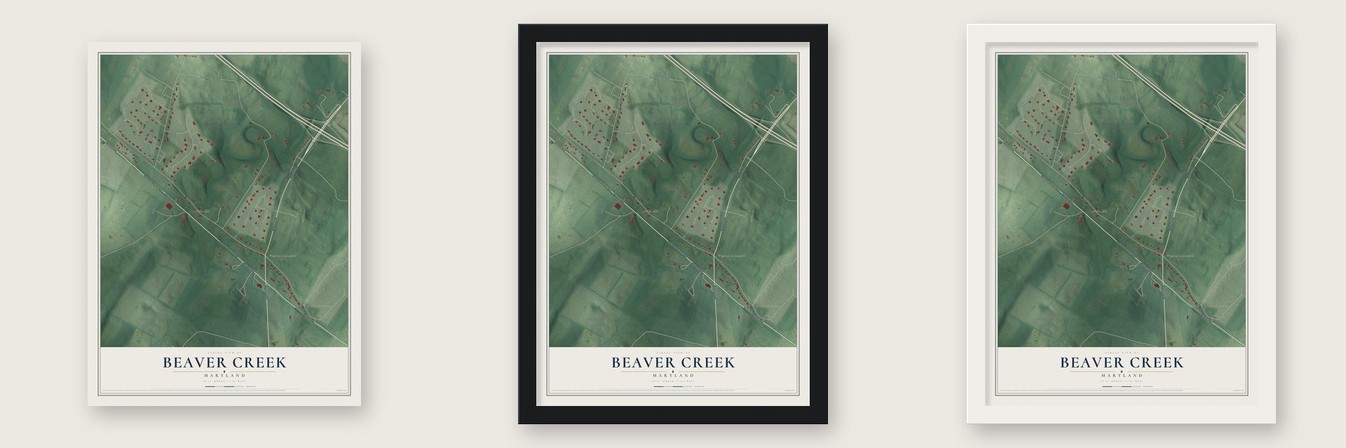 Beaver Creek, Maryland map unframed, in a black wood frame and in a white wood frame