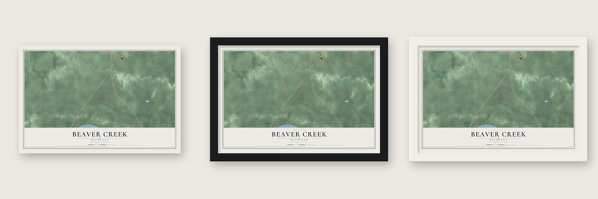 Beaver Creek, Michigan map unframed, in a black wood frame and in a white wood frame