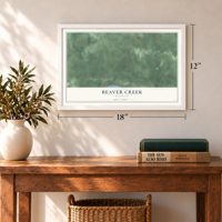 Beaver Creek, Michigan map, 12 x 18 inch print in a white frame in an entryway