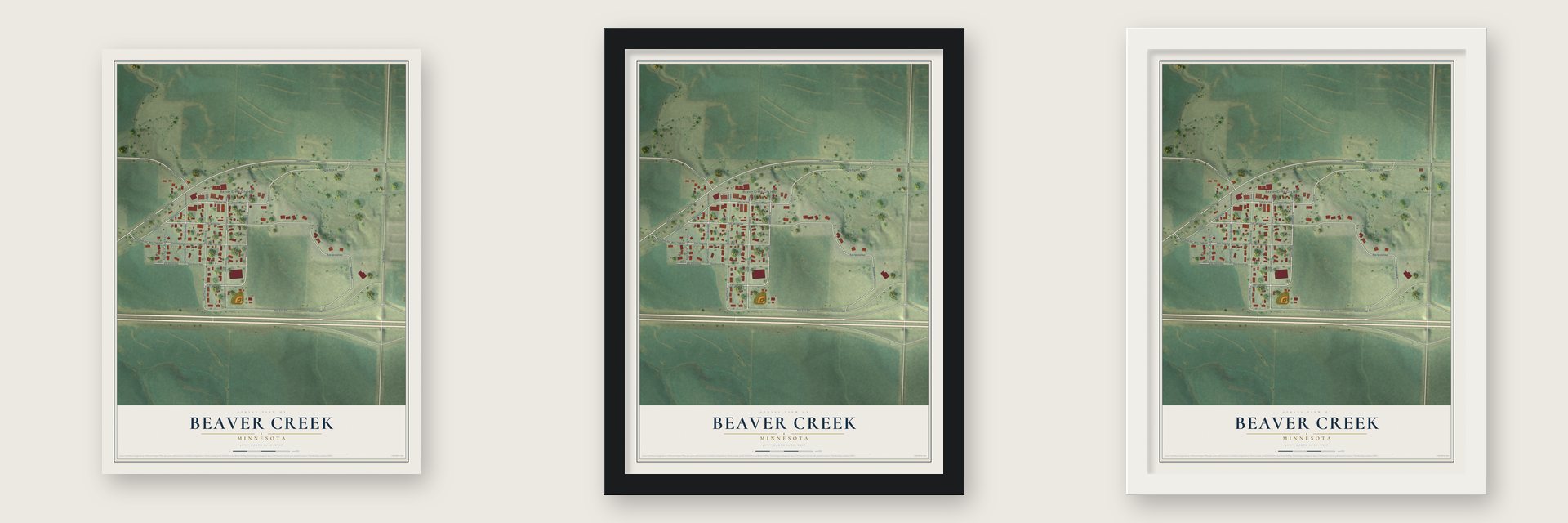 Beaver Creek, Minnesota map unframed, in a black wood frame and in a white wood frame