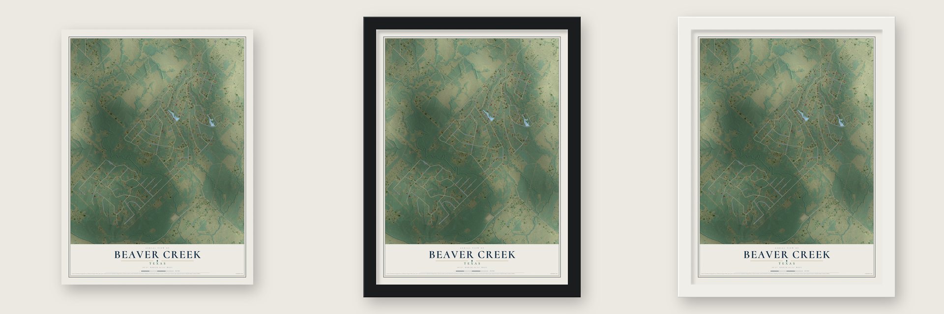 Beaver Creek, Texas map unframed, in a black wood frame and in a white wood frame