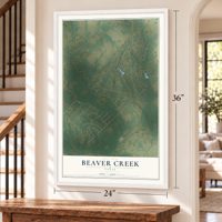 Beaver Creek, Texas map, 24 x 36 inch print in a white frame by a staircase