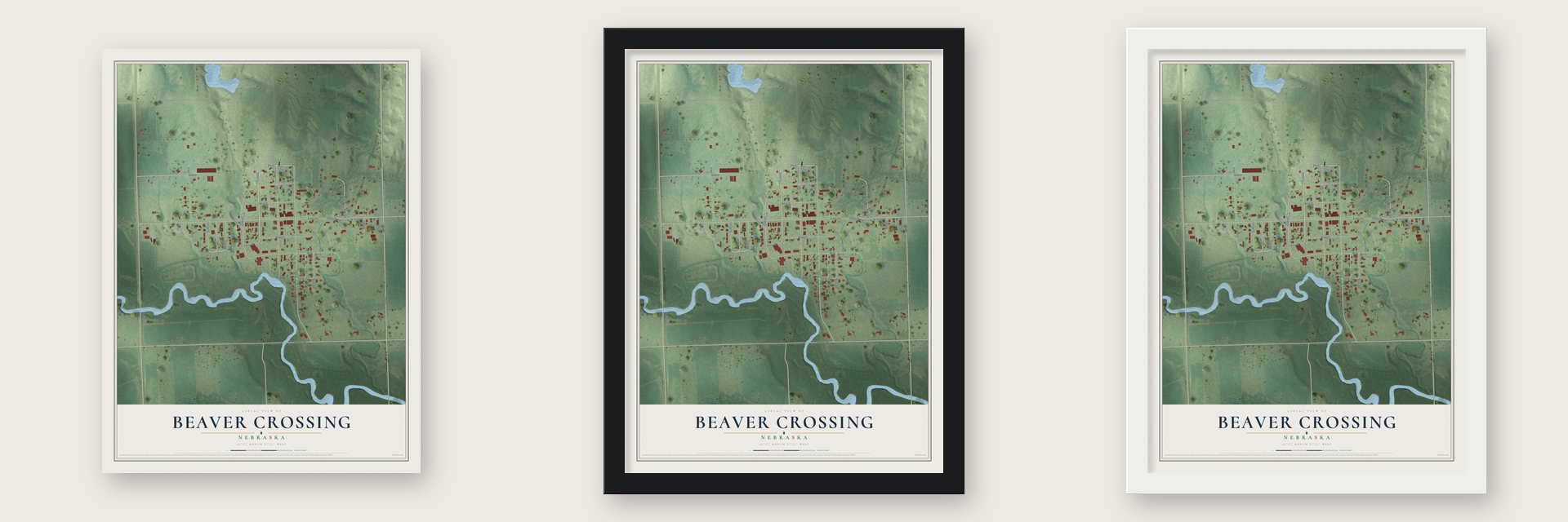 Beaver Crossing, Nebraska map unframed, in a black wood frame and in a white wood frame