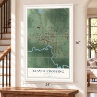 Beaver Crossing, Nebraska map, 24 x 36 inch print in a white frame by a staircase