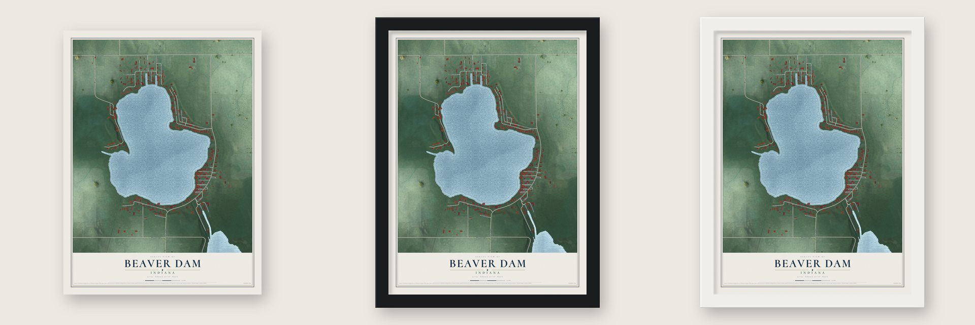 Beaver Dam, Indiana map unframed, in a black wood frame and in a white wood frame