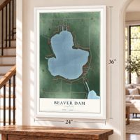 Beaver Dam, Indiana map, 24 x 36 inch print in a white frame by a staircase
