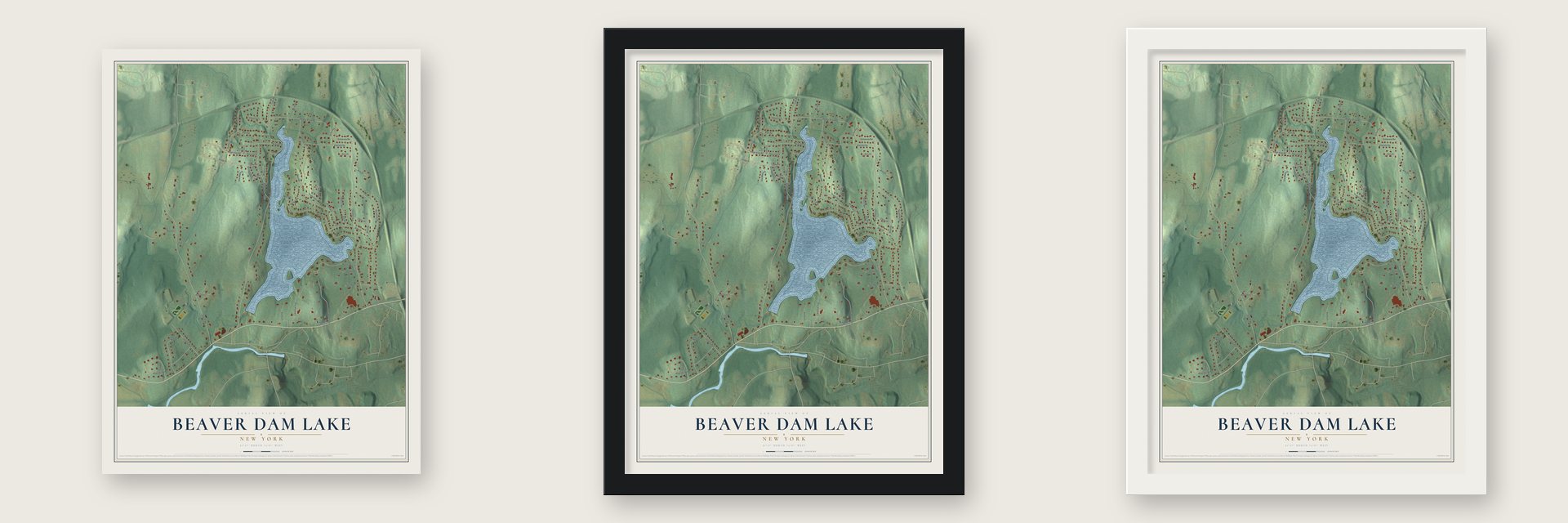Beaver Dam Lake, New York map unframed, in a black wood frame and in a white wood frame