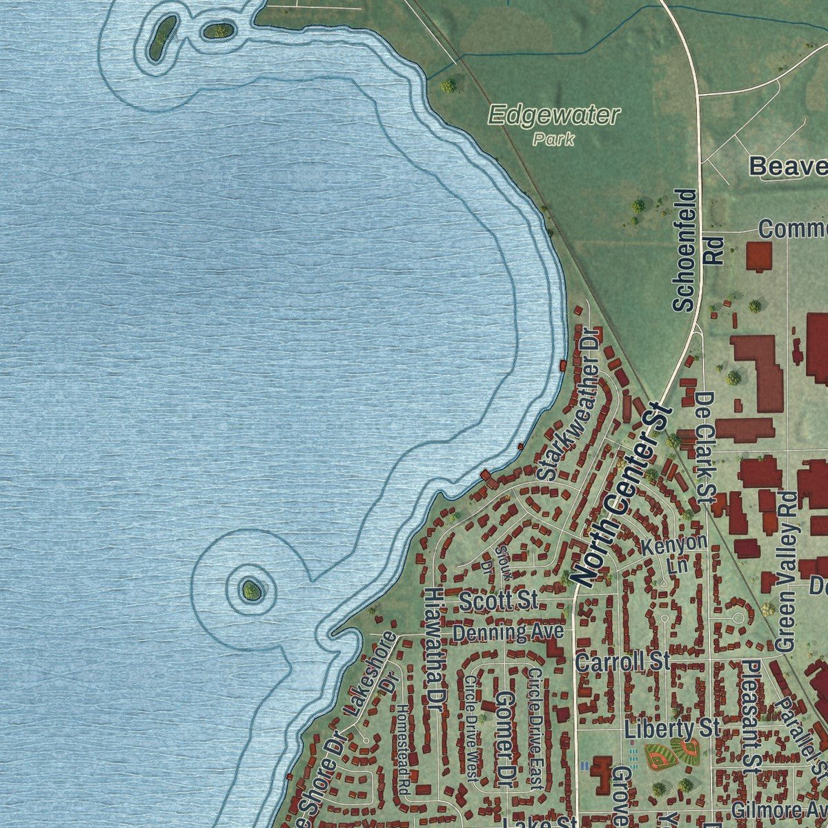 Second close-up of the map of Beaver Dam, Wisconsin print showing more streets and buildings