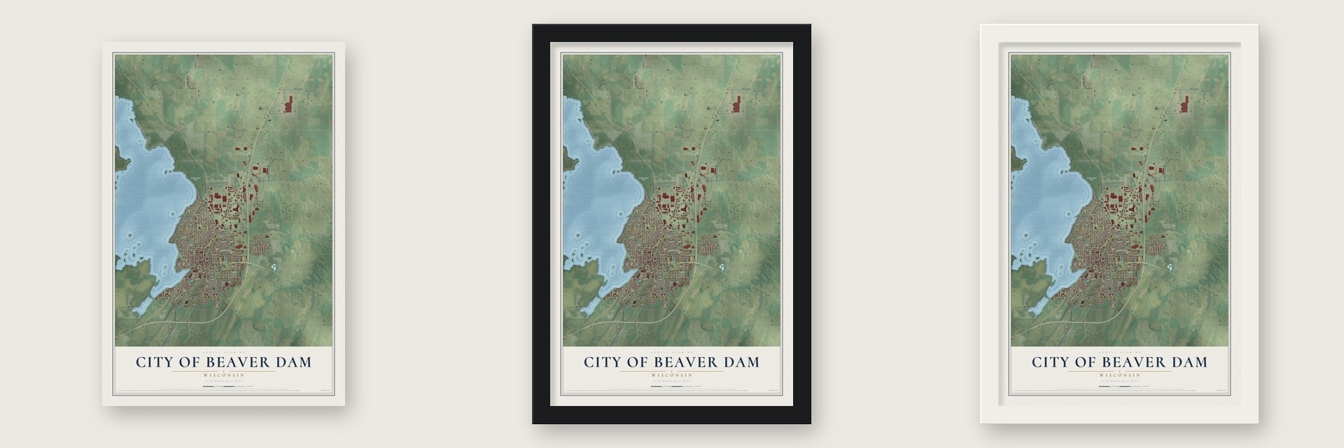 Beaver Dam, Wisconsin map unframed, in a black wood frame and in a white wood frame