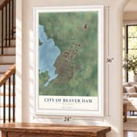 Beaver Dam, Wisconsin map, 24 x 36 inch print in a white frame by a staircase