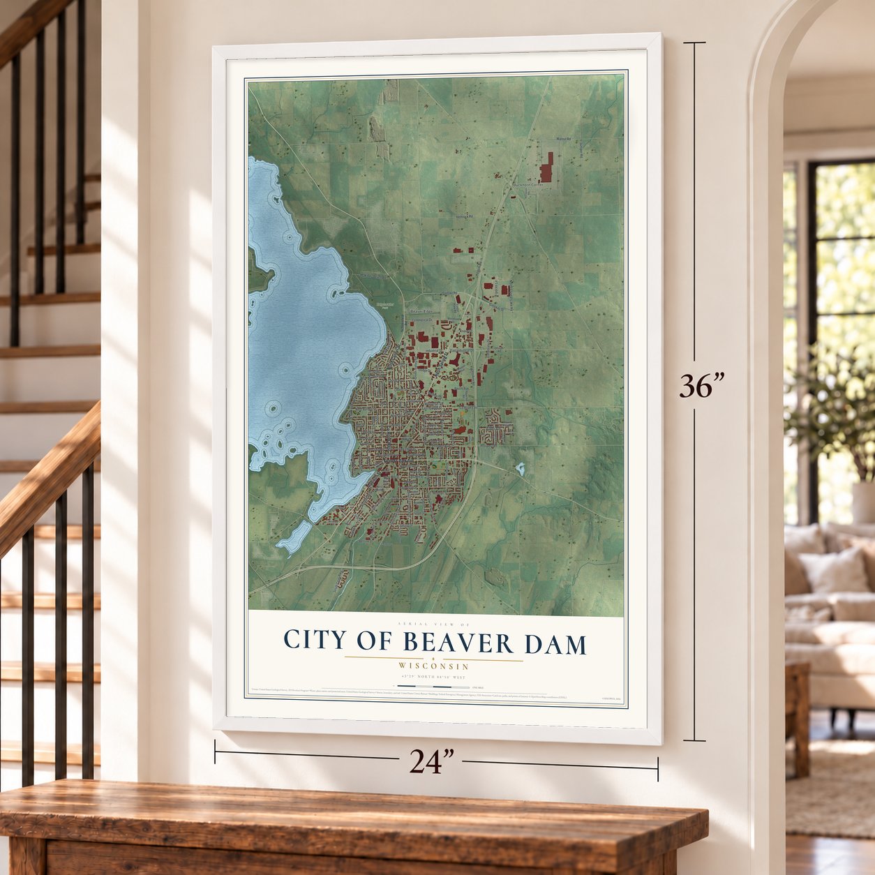 Beaver Dam, Wisconsin map, 24 x 36 inch print in a white frame by a staircase