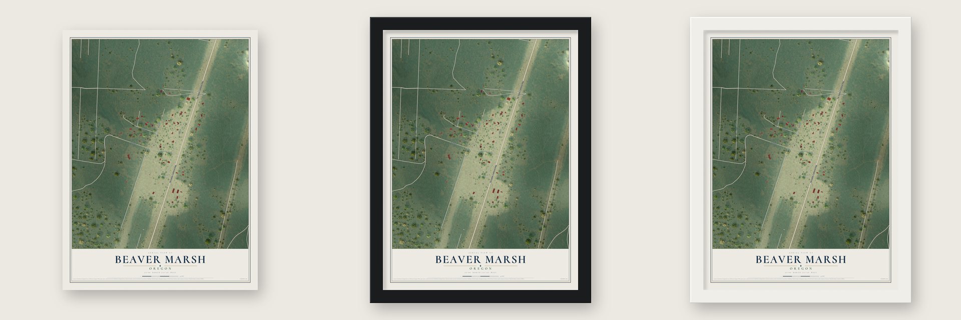 Beaver Marsh, Oregon map unframed, in a black wood frame and in a white wood frame
