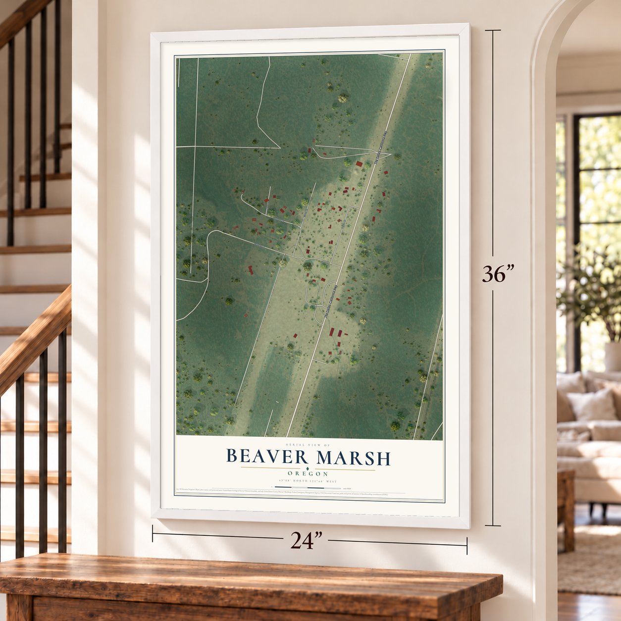 Beaver Marsh, Oregon map, 24 x 36 inch print in a white frame by a staircase