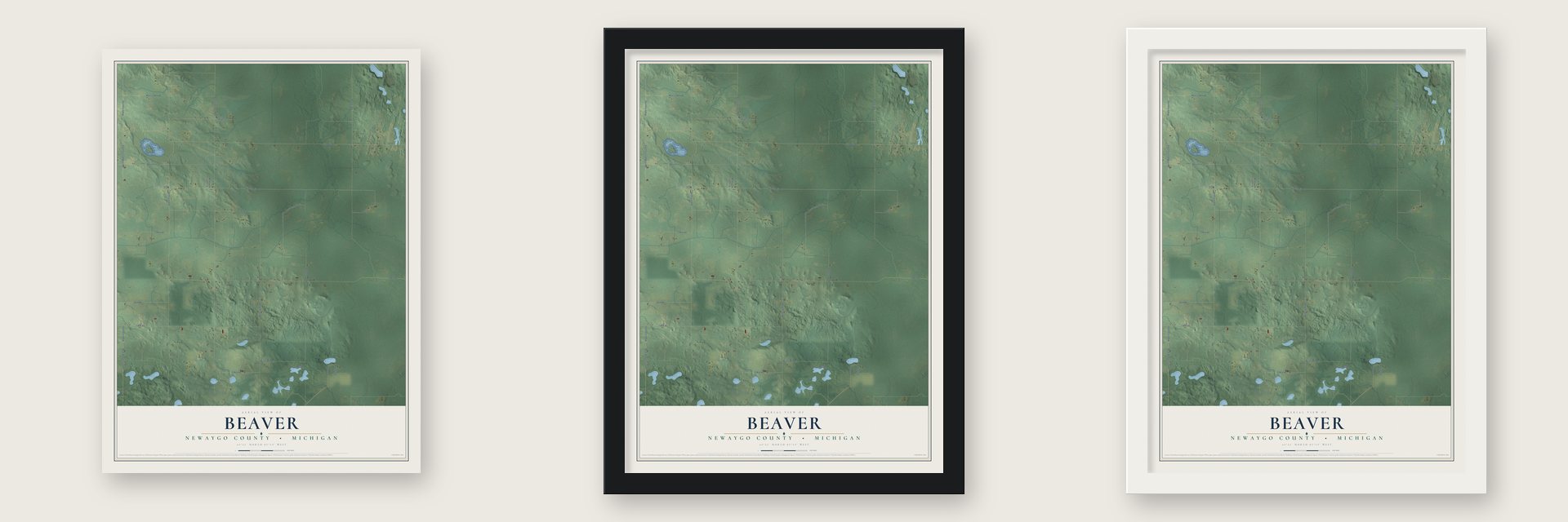 Beaver, Newaygo County, Michigan map unframed, in a black wood frame and in a white wood frame