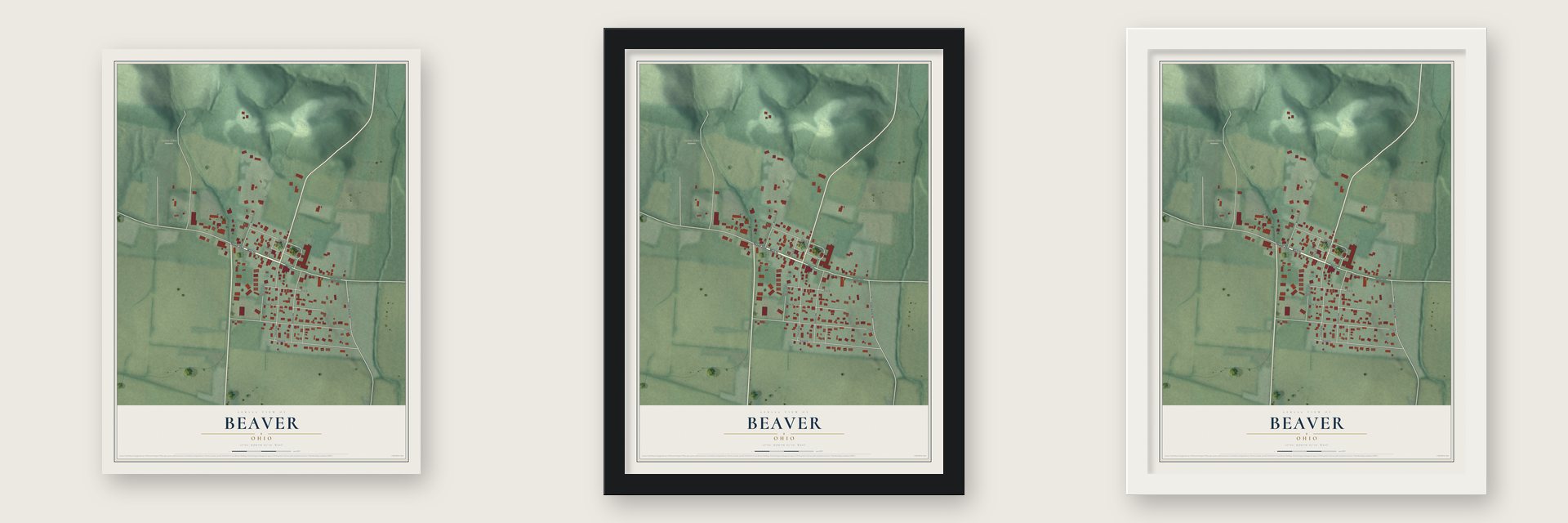 Beaver, Ohio map unframed, in a black wood frame and in a white wood frame