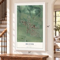 Beaver, Ohio map, 24 x 36 inch print in a white frame by a staircase