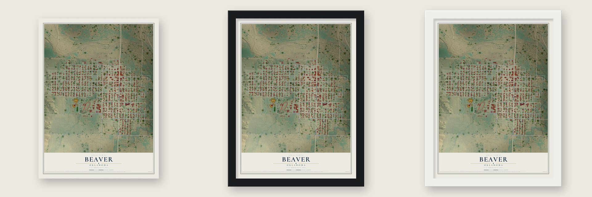 Beaver, Oklahoma map unframed, in a black wood frame and in a white wood frame