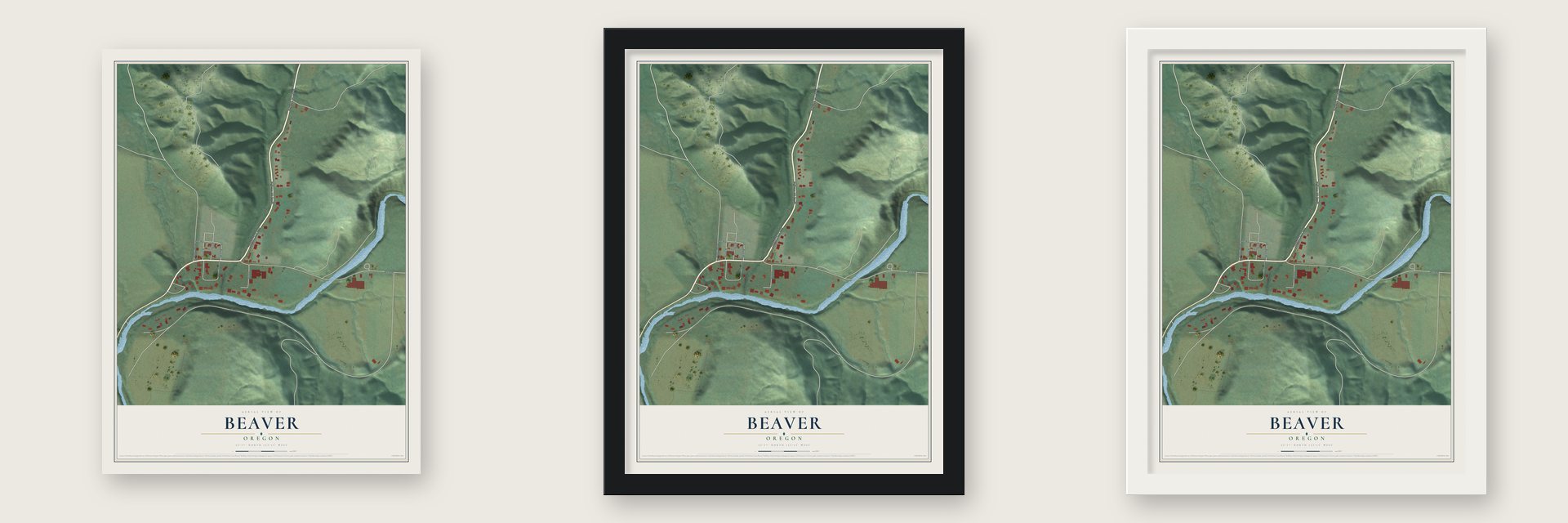 Beaver, Oregon map unframed, in a black wood frame and in a white wood frame