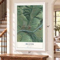 Beaver, Oregon map, 24 x 36 inch print in a white frame by a staircase