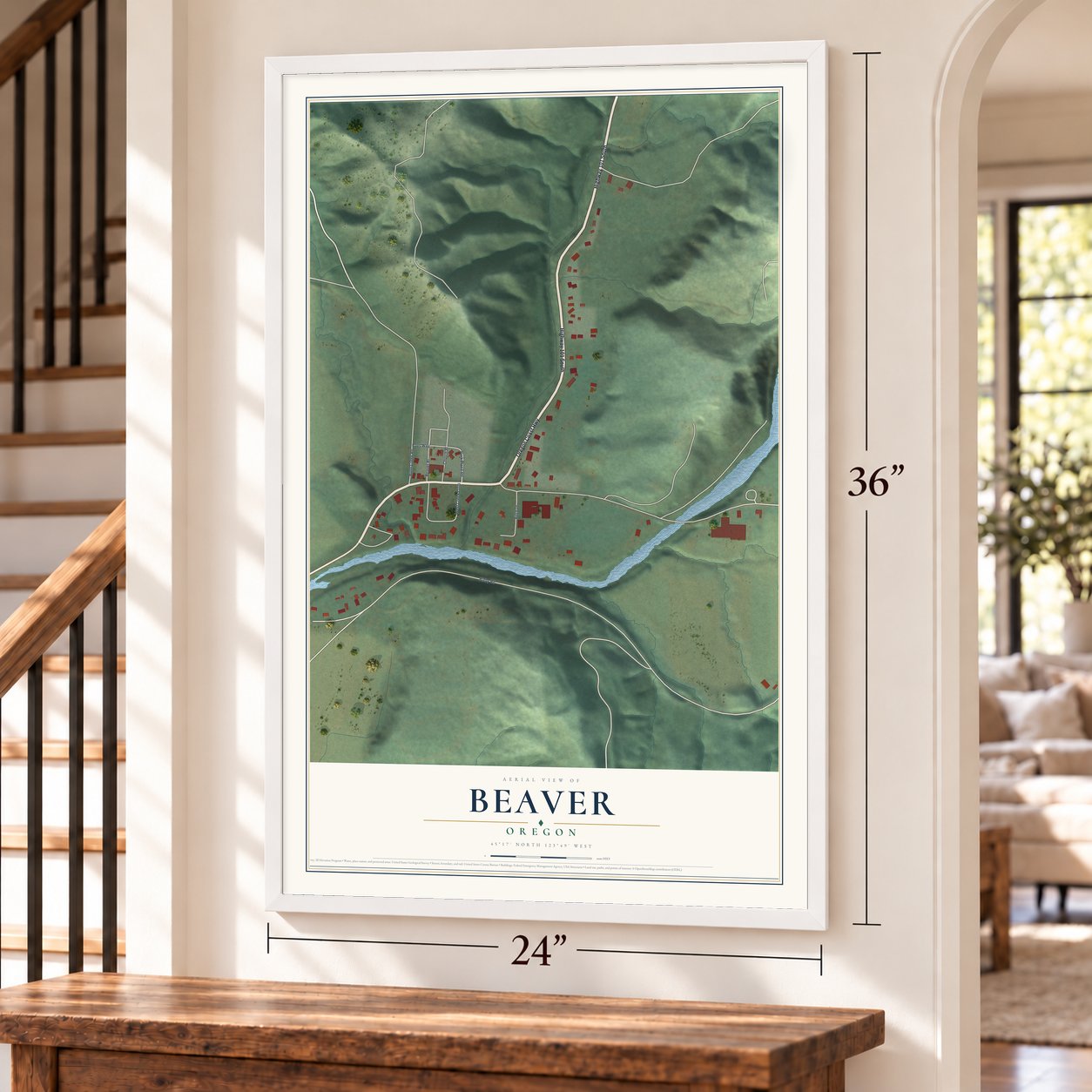 Beaver, Oregon map, 24 x 36 inch print in a white frame by a staircase