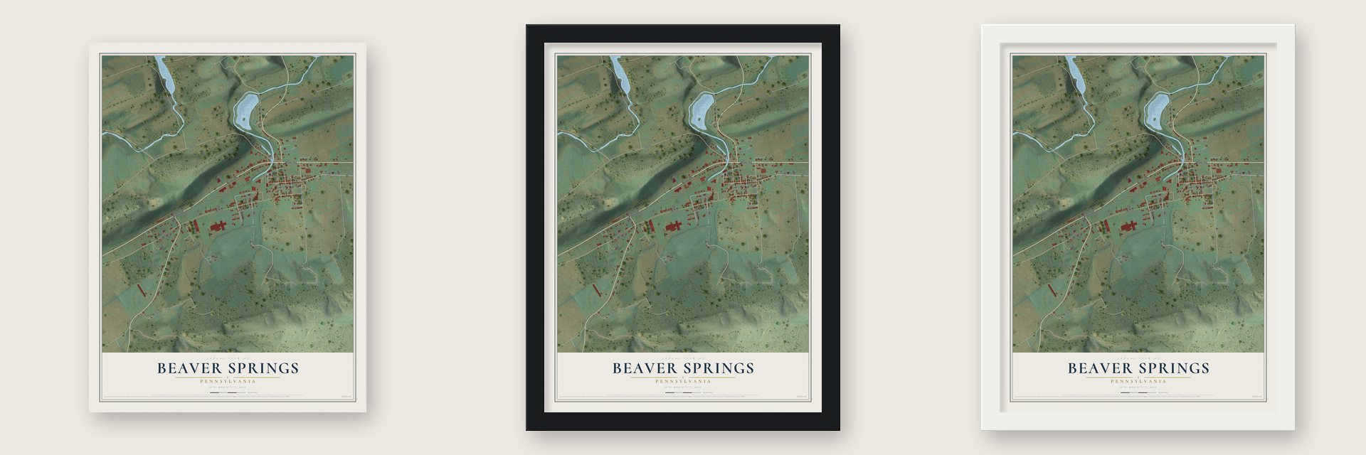 Beaver Springs, Pennsylvania map unframed, in a black wood frame and in a white wood frame