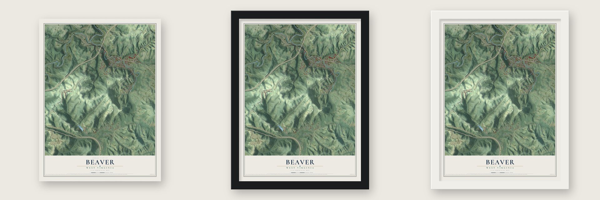 Beaver, West Virginia map unframed, in a black wood frame and in a white wood frame