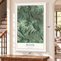 Beaver, West Virginia map, 24 x 36 inch print in a white frame by a staircase