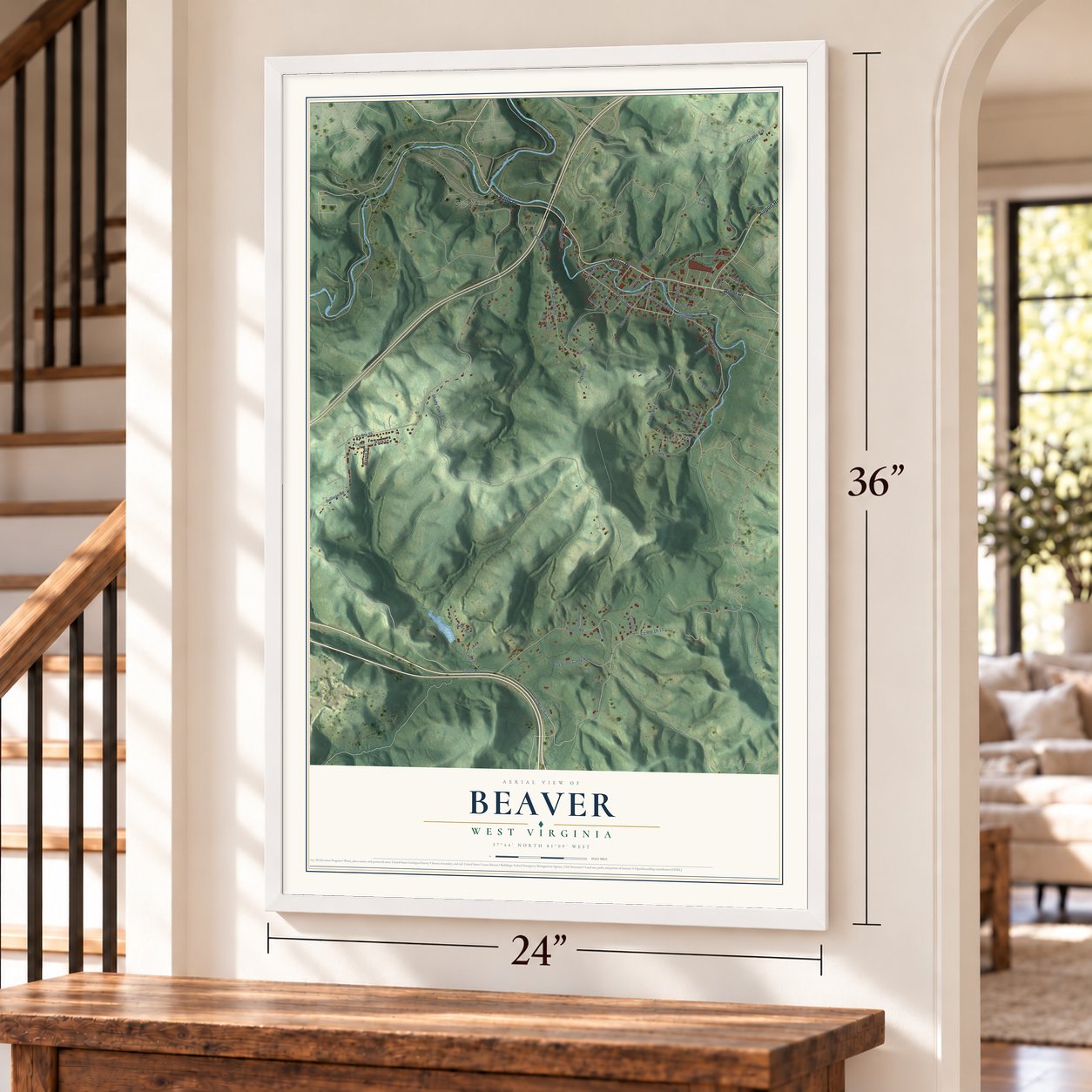 Beaver, West Virginia map, 24 x 36 inch print in a white frame by a staircase