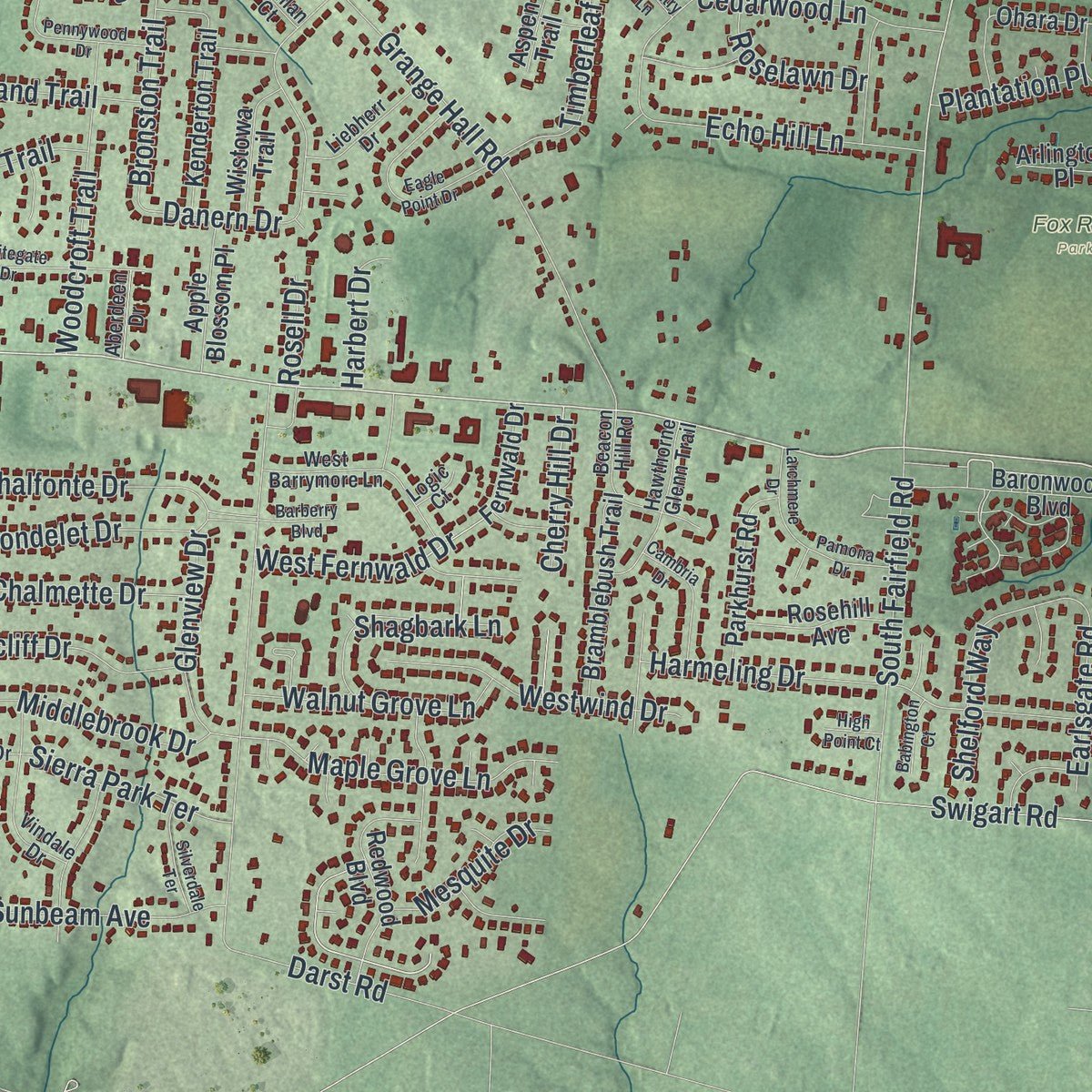 Second close-up of the map of Beavercreek, Ohio print showing more streets and buildings